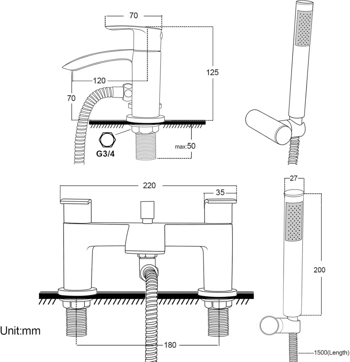 Bath Mixer Taps Waterfall with Handheld Shower - Image 3