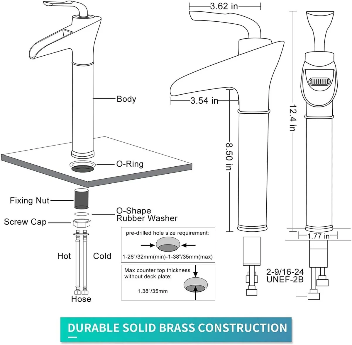 Brushed Gold Brass Waterfall Tall Sink Mixer Tap - Image 2