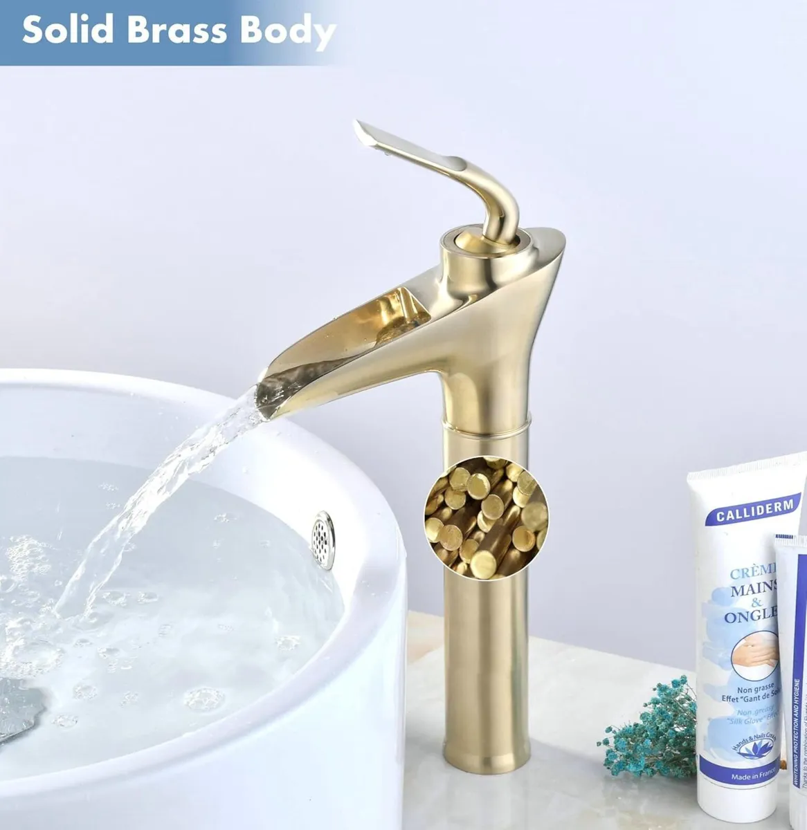 Brushed Gold Brass Waterfall Tall Sink Mixer Tap - Image 4