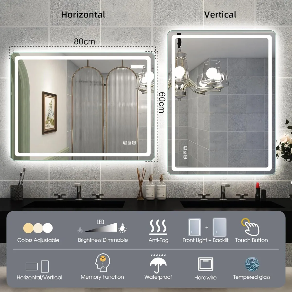 800x600 mm Bathroom-Mirror-with-LED-Lights Double - Image 2
