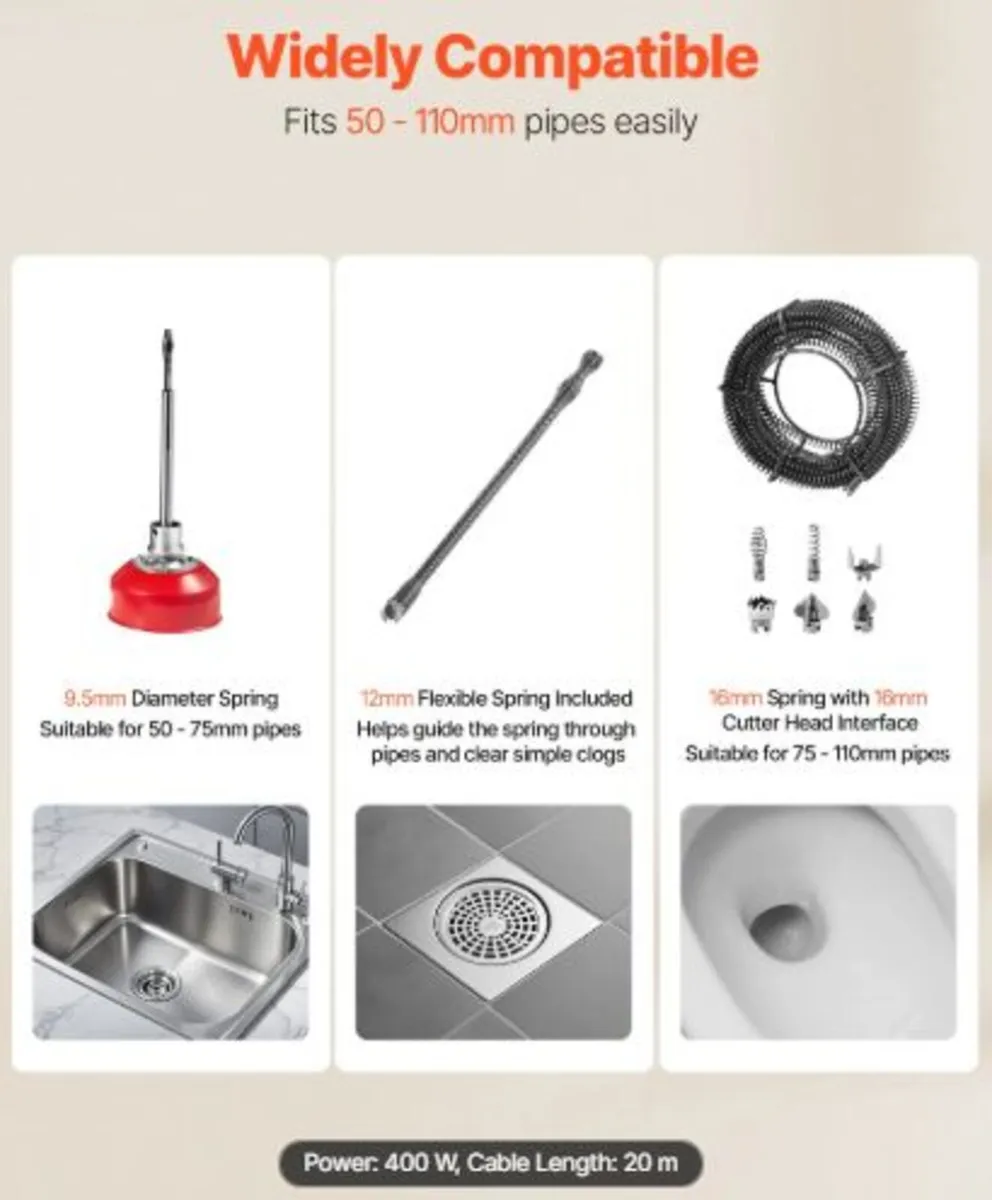 Drain Cleaner Machine, 400W 1400RPM Electric Pipe - Image 3