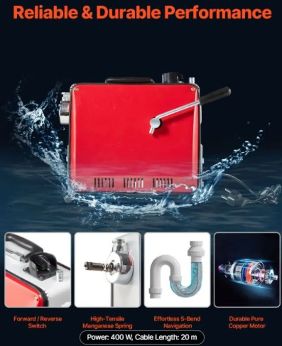 Drain Cleaner Machine, 400W 1400RPM Electric Pipe - Image 2