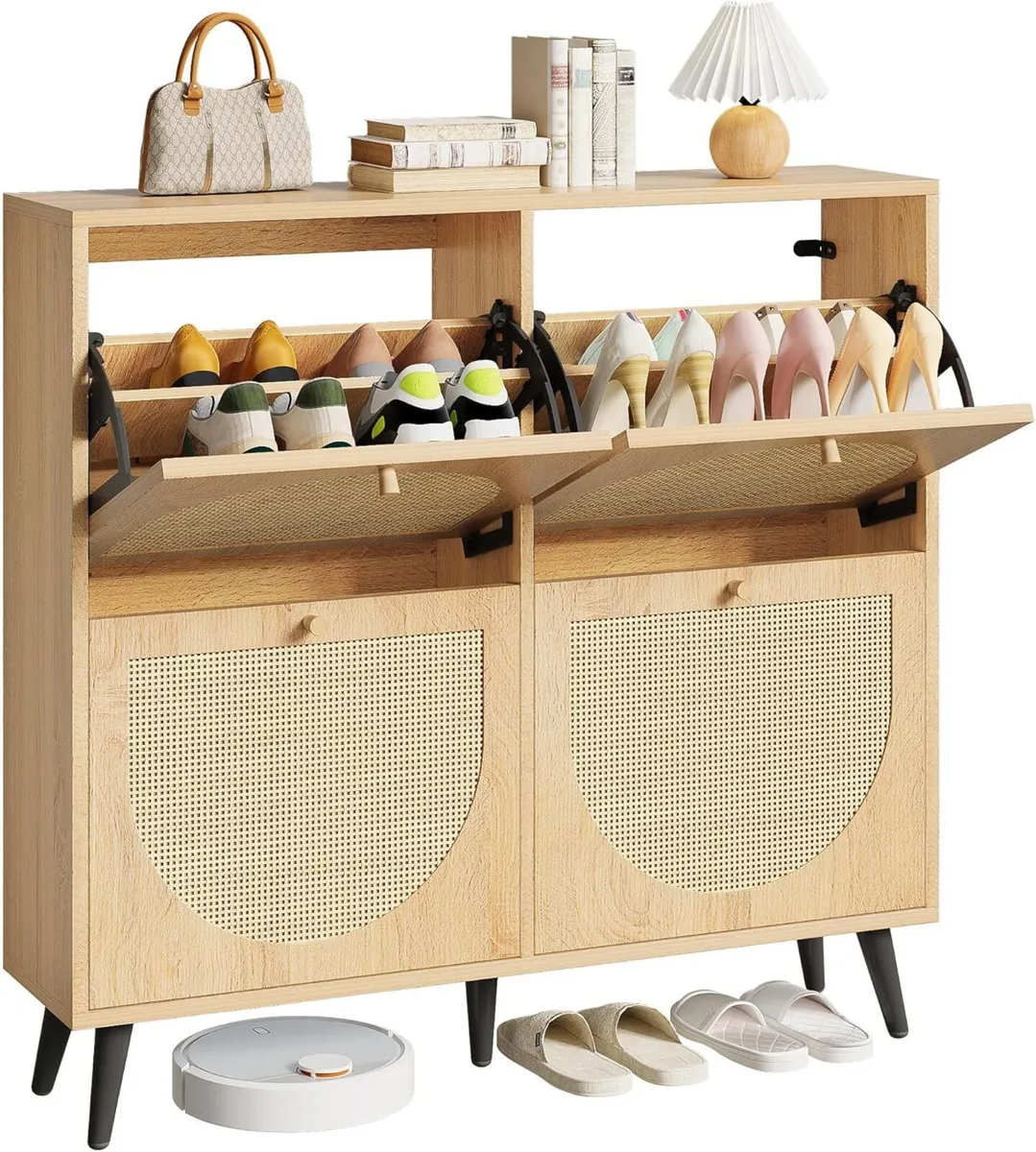 Shoe Cabinet Rattan with 4 Flip Drawers Slim - Image 1