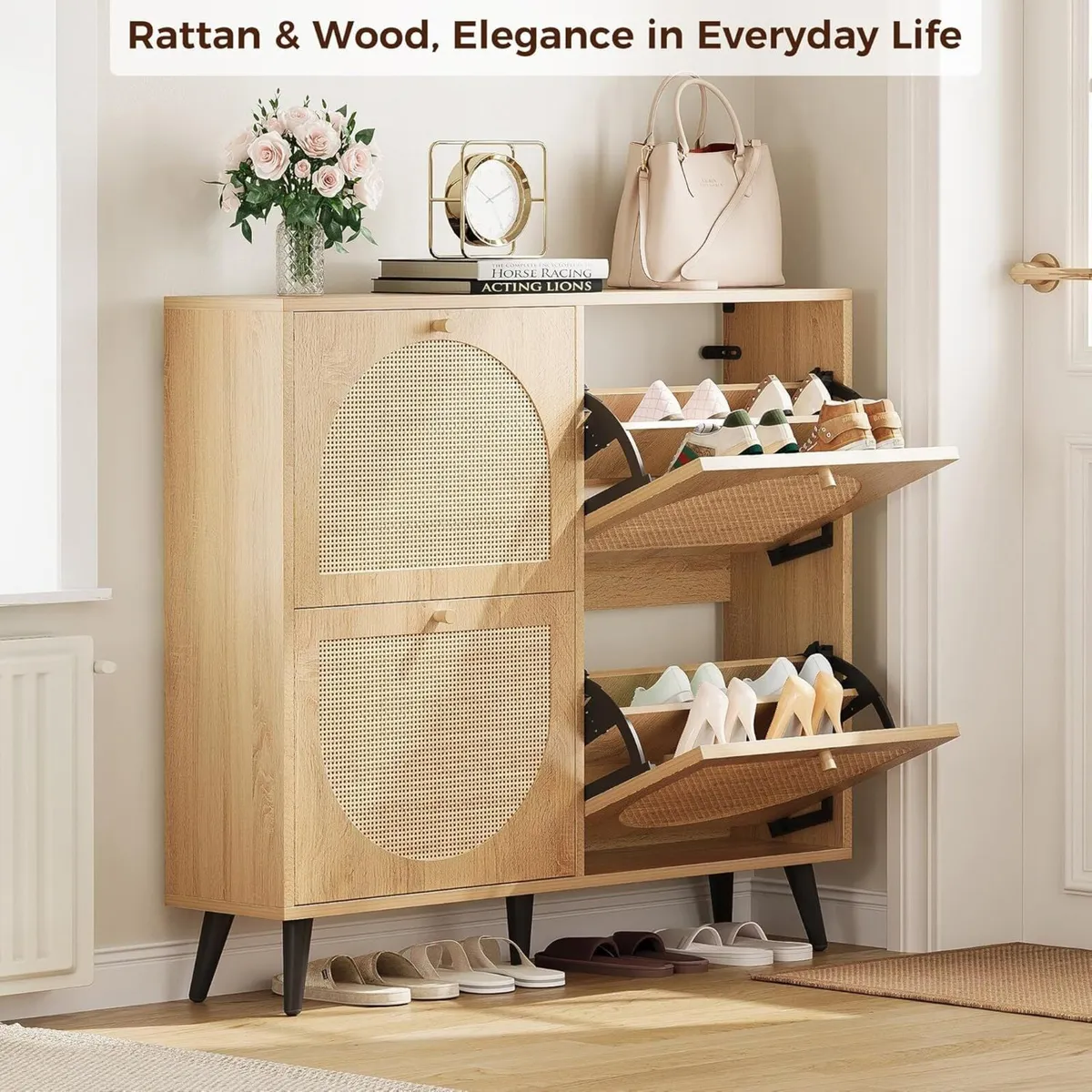 Shoe Cabinet Rattan with 4 Flip Drawers Slim - Image 2