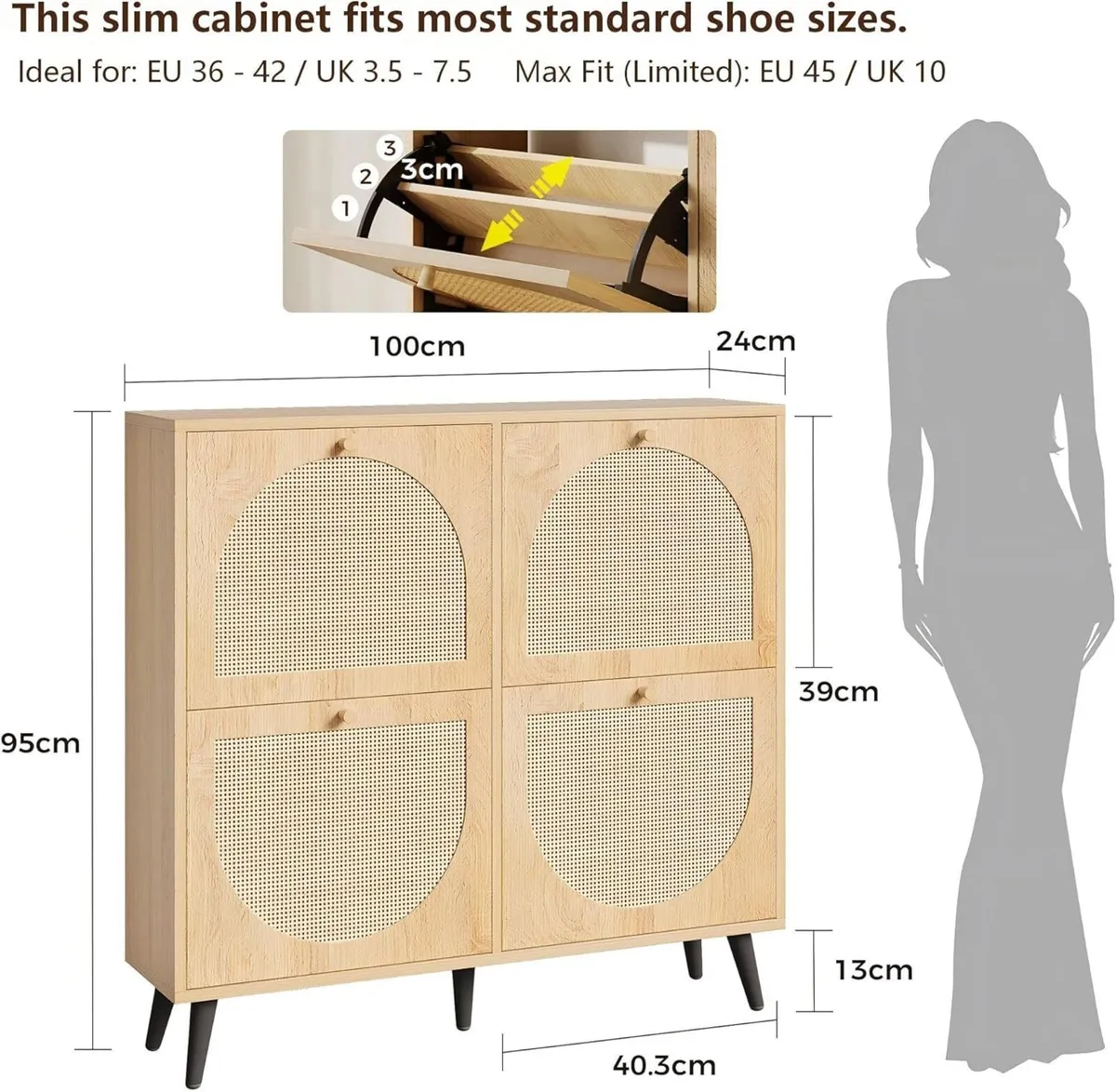 Shoe Cabinet Rattan with 4 Flip Drawers Slim - Image 3