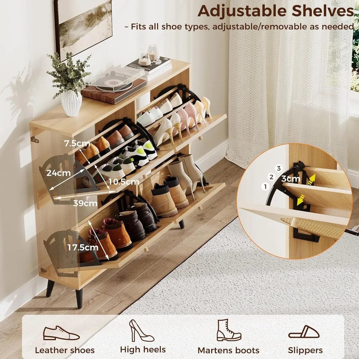 Shoe Cabinet Rattan with 4 Flip Drawers Slim - Image 4