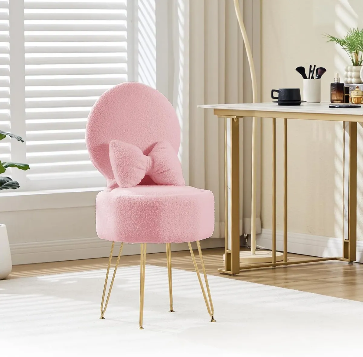 Pink Dressing Table Chair Sherpa Fleece Vanity - Image 1