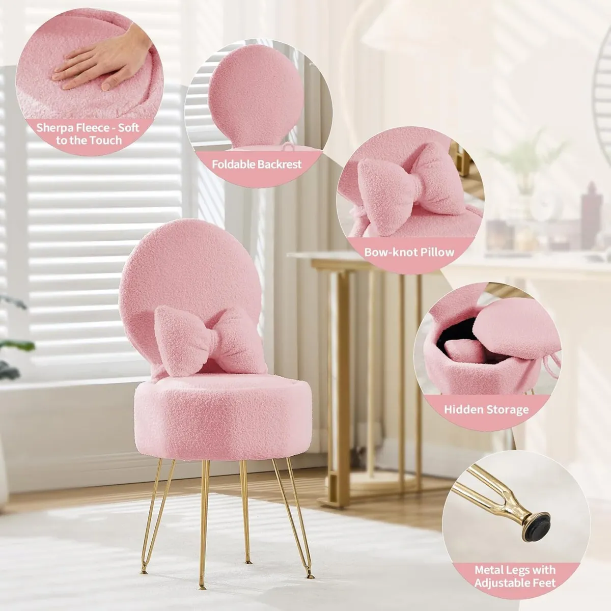 Pink Dressing Table Chair Sherpa Fleece Vanity - Image 3
