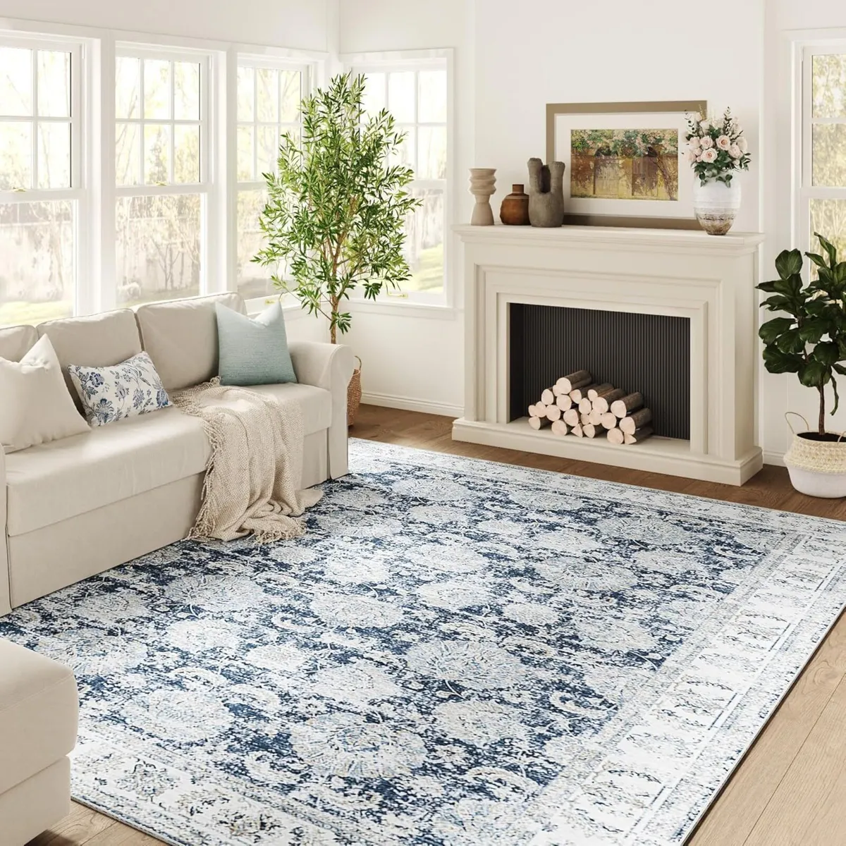 Rug 240x305cm Large Navy Blue Floral Washable Non - Image 1
