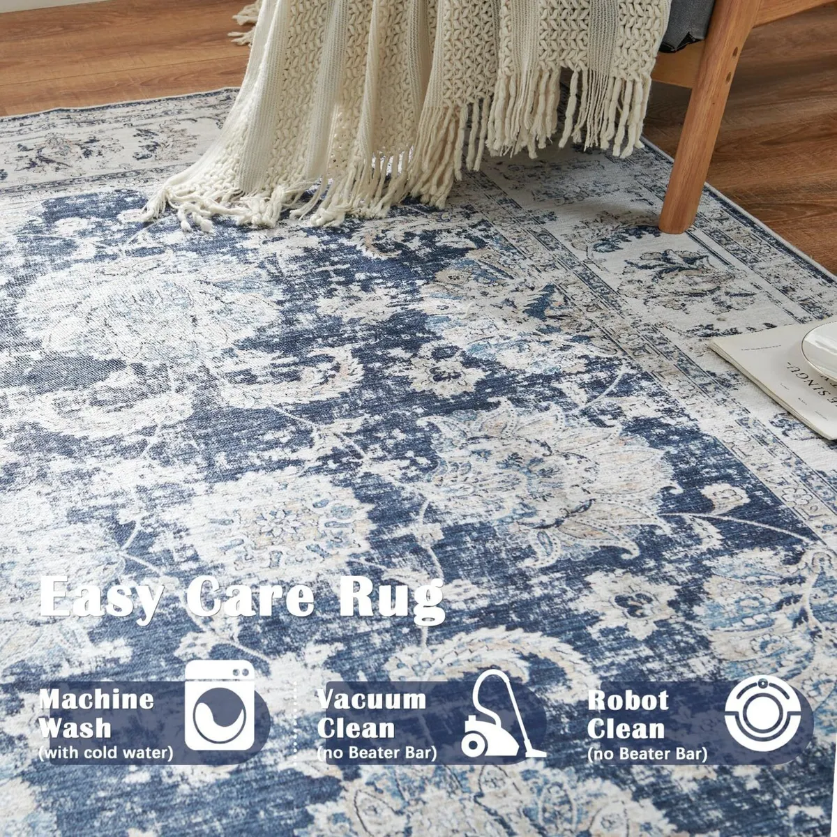 Rug 240x305cm Large Navy Blue Floral Washable Non - Image 2