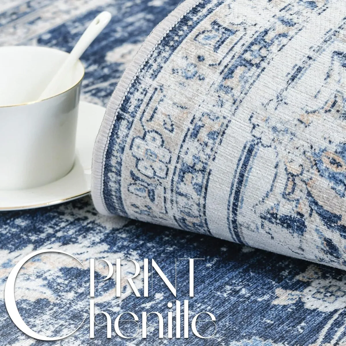 Rug 240x305cm Large Navy Blue Floral Washable Non - Image 4