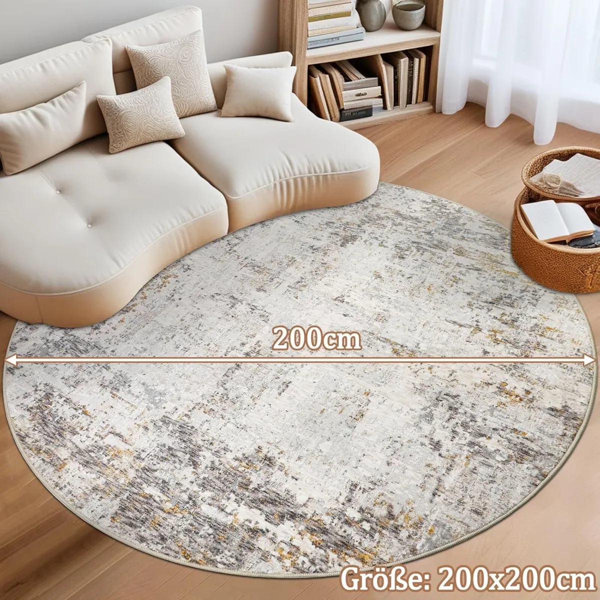 200 cm Beige Abstract Round Rug Modern Non-Slip - Image 2