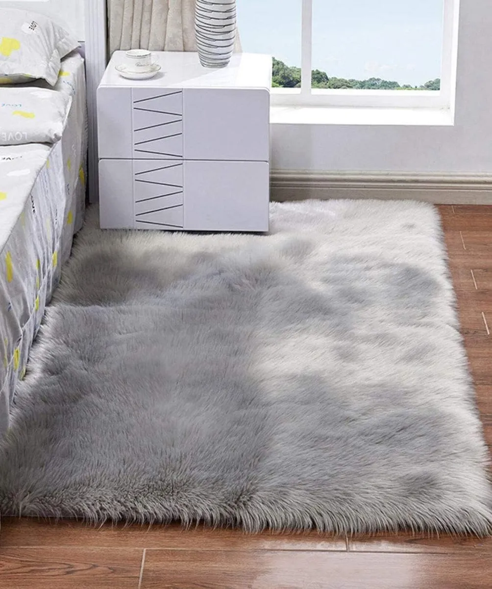 Soft Rugs Living Room Grey Faux Fur Rug Fluffy - Image 1