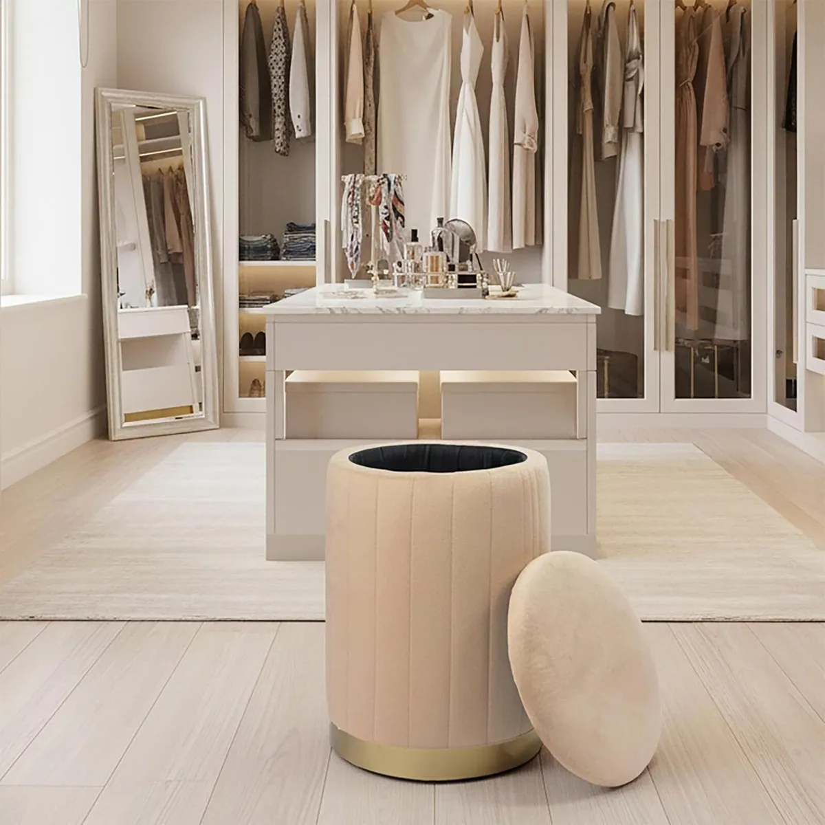 Velvet Storage Ottoman Upholstered Round Pouffe - Image 4