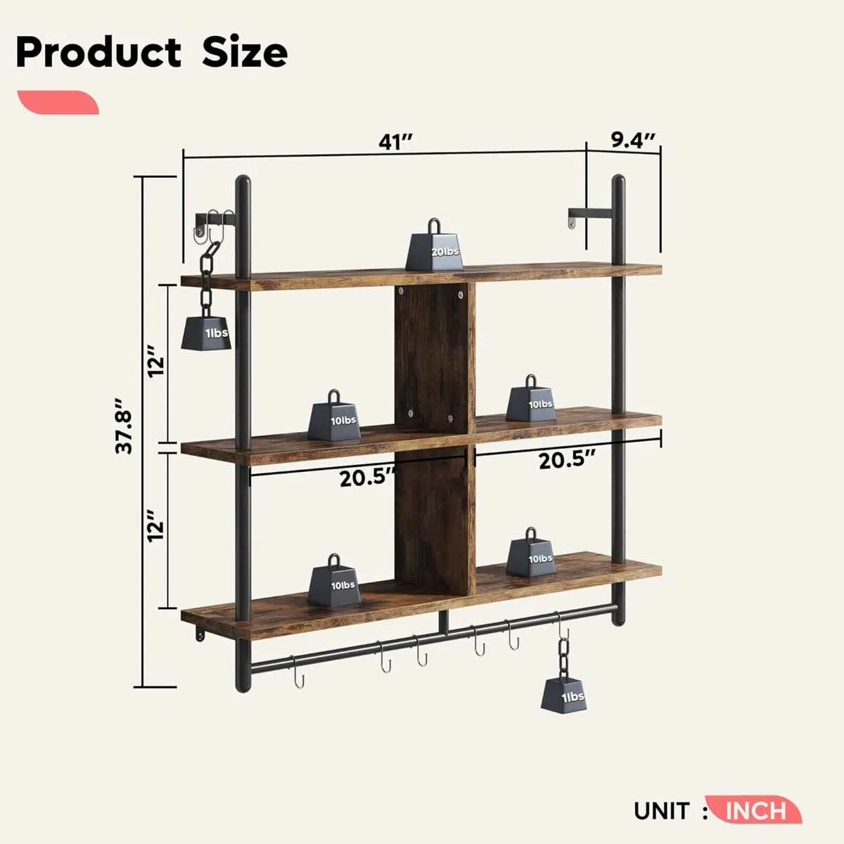 3 Tier Floating Pipe Shelving 105.5CM Industrial - Image 2