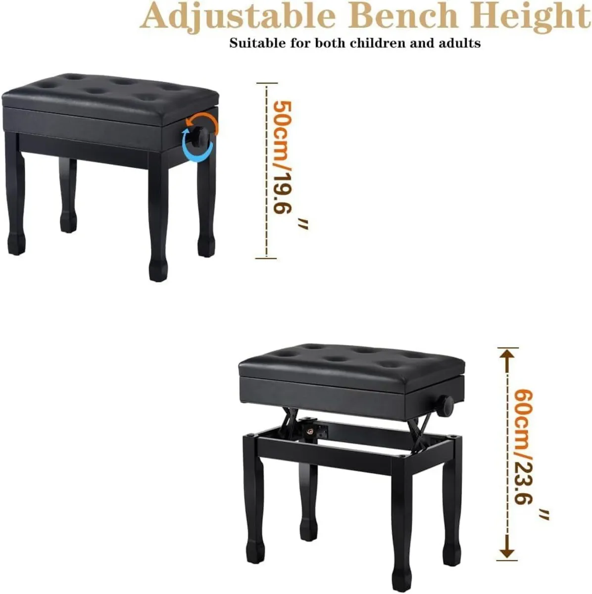 Adjustable Height Piano Stool Bench PU Leather - Image 3
