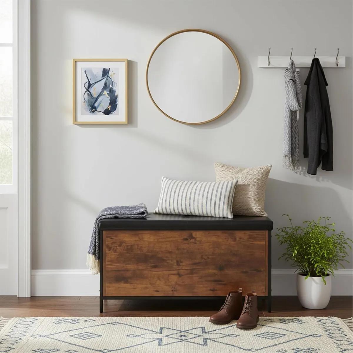 Storage Bench Upholstered Faux Leather Industrial - Image 2