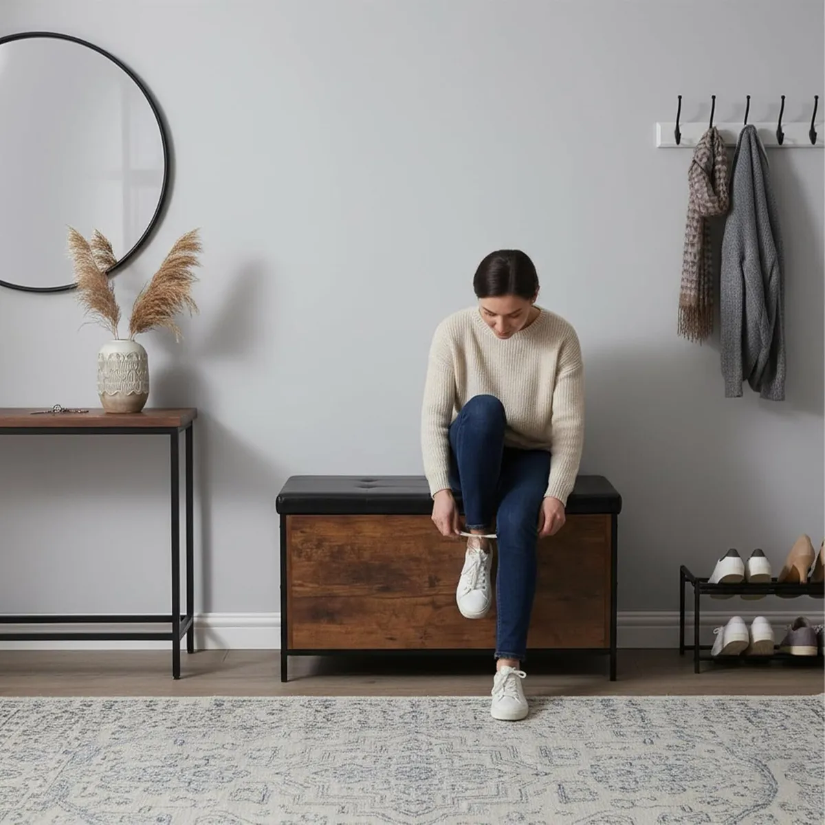 Storage Bench Upholstered Faux Leather Industrial - Image 4