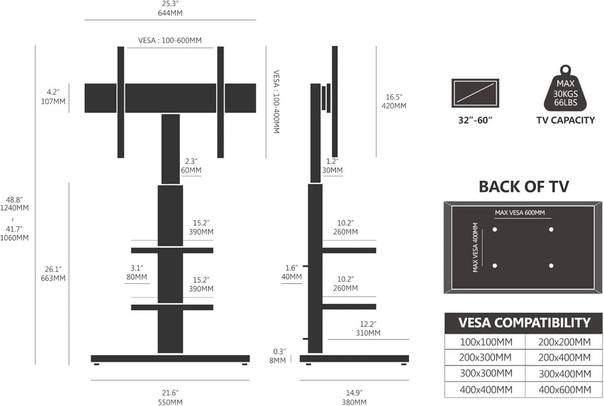 White TV Floor Stand for 32 to 60 inch TVs - Image 3