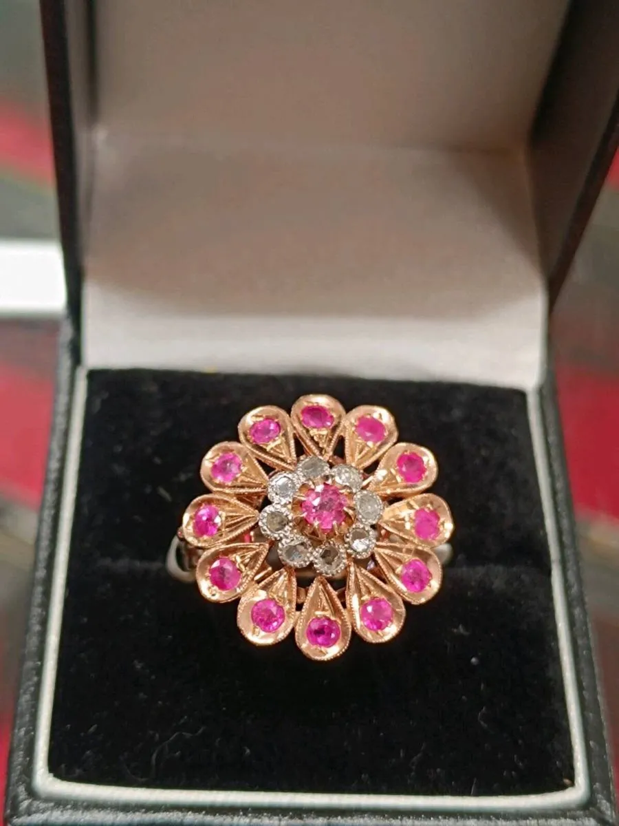 Daisy Flower Diamond & Ruby Ring 9k Rose Gold - Image 1