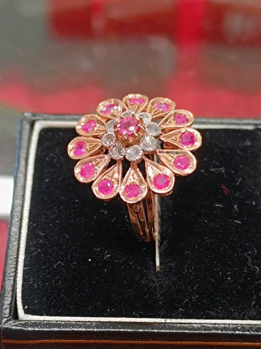 Daisy Flower Diamond & Ruby Ring 9k Rose Gold - Image 2