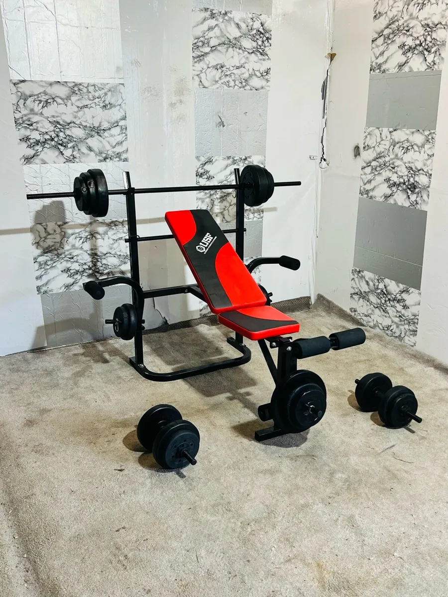 USF WEIGHT BENCH 60KG WEIGHTS BARBELL SET - Image 1