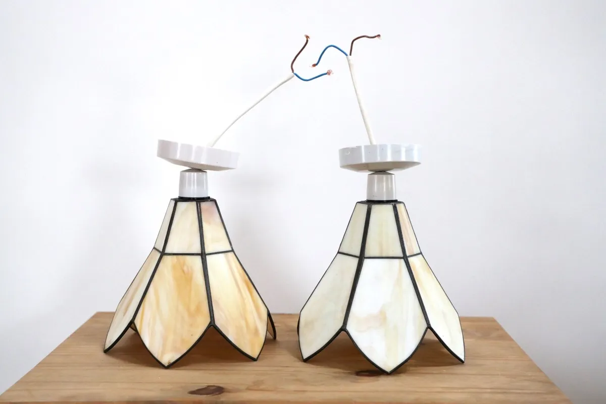 Set of 2 White Liberty-Style Tiffany Glass Chandel - Image 1