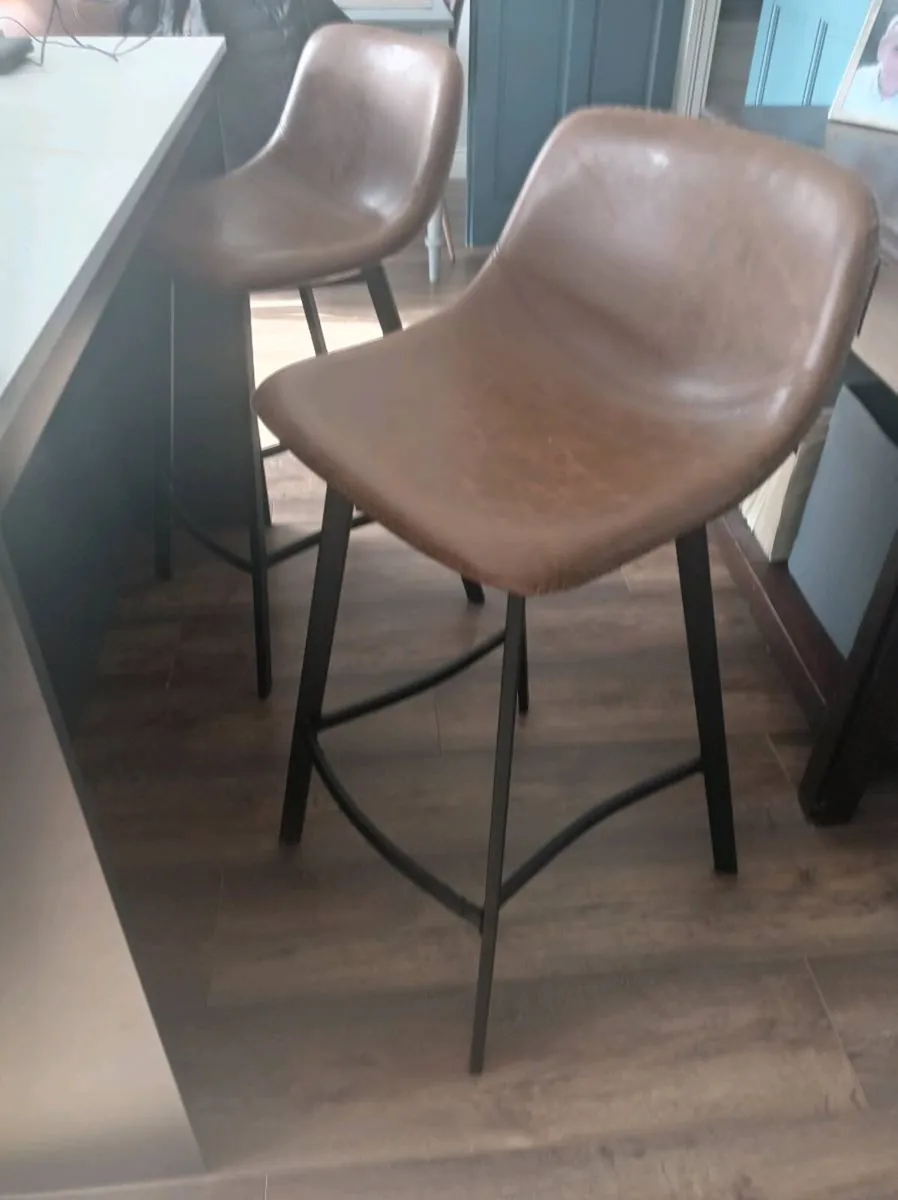 2 x Brown Leather Stool - Image 1