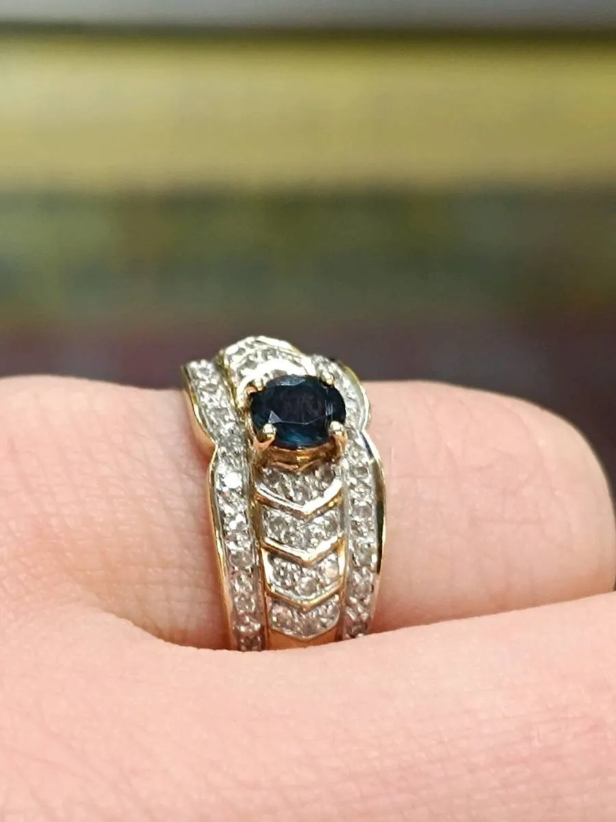 Diamond & Sapphire Fancy Band Ring, 9k Yellow Gold - Image 1