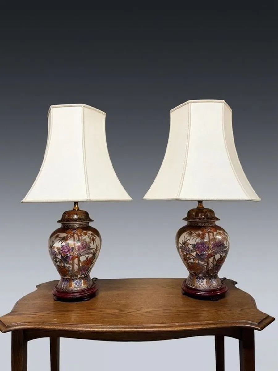 Pair of Satsuma Style Table Lamps with Shades - Image 1