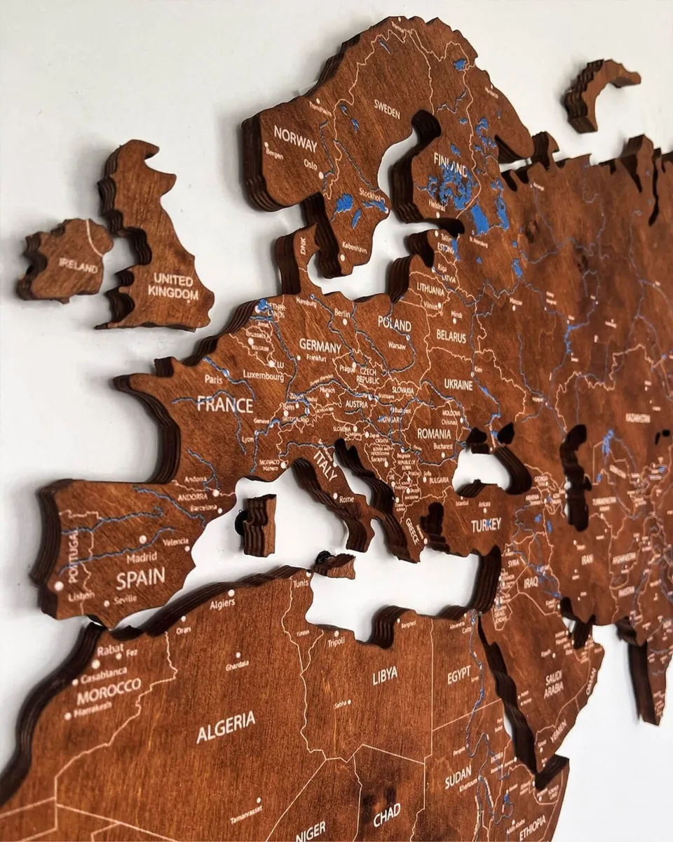 3D Classic Wooden World Map with Country Borders - Image 1