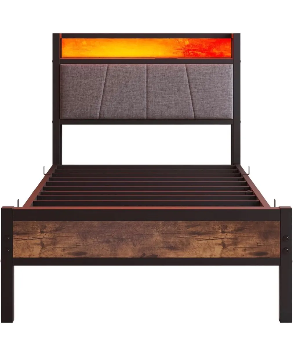 3ft Single Bed Frame with Storage Headboard,LED Li - Image 2