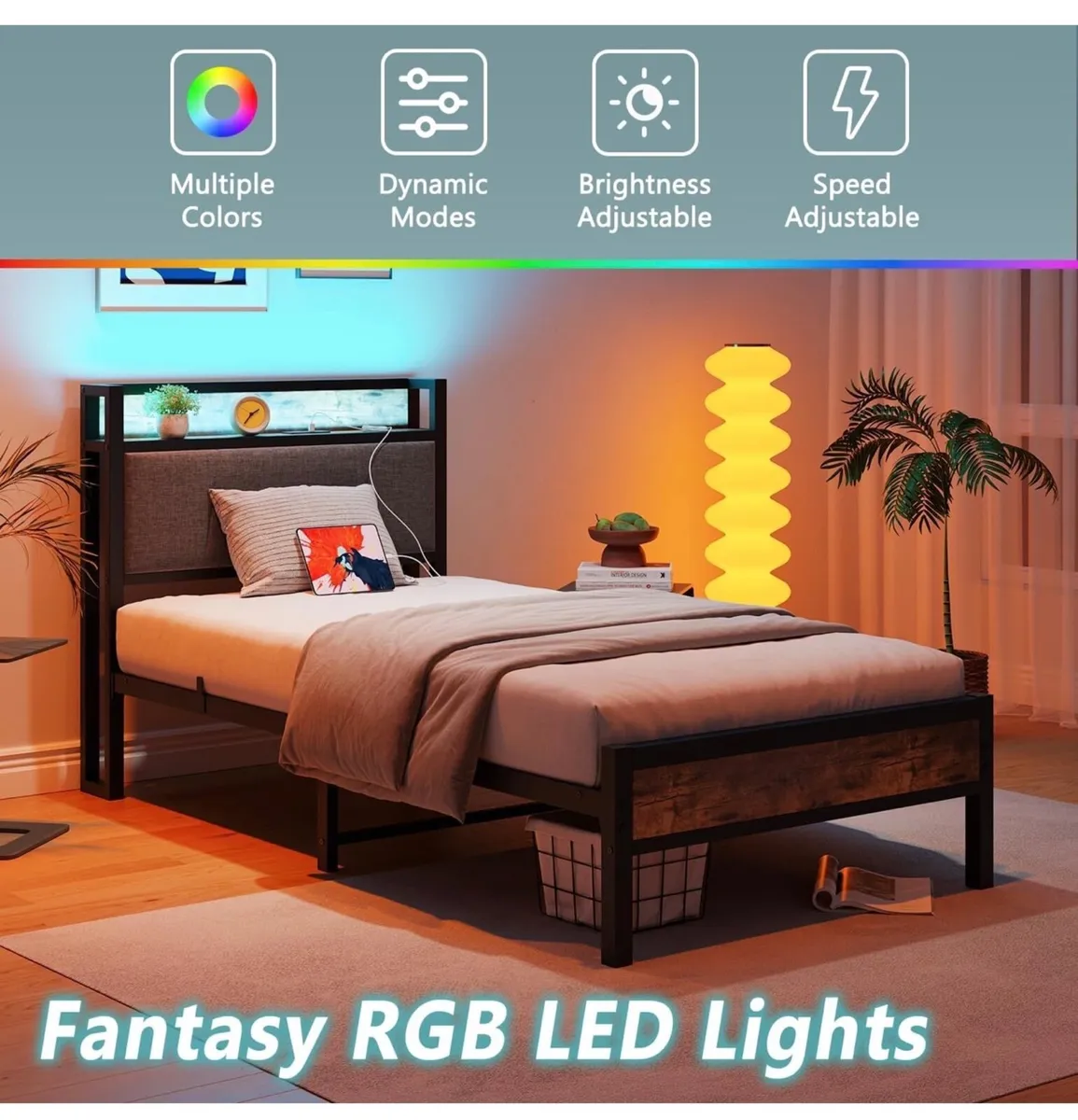 3ft Single Bed Frame with Storage Headboard,LED Li - Image 1