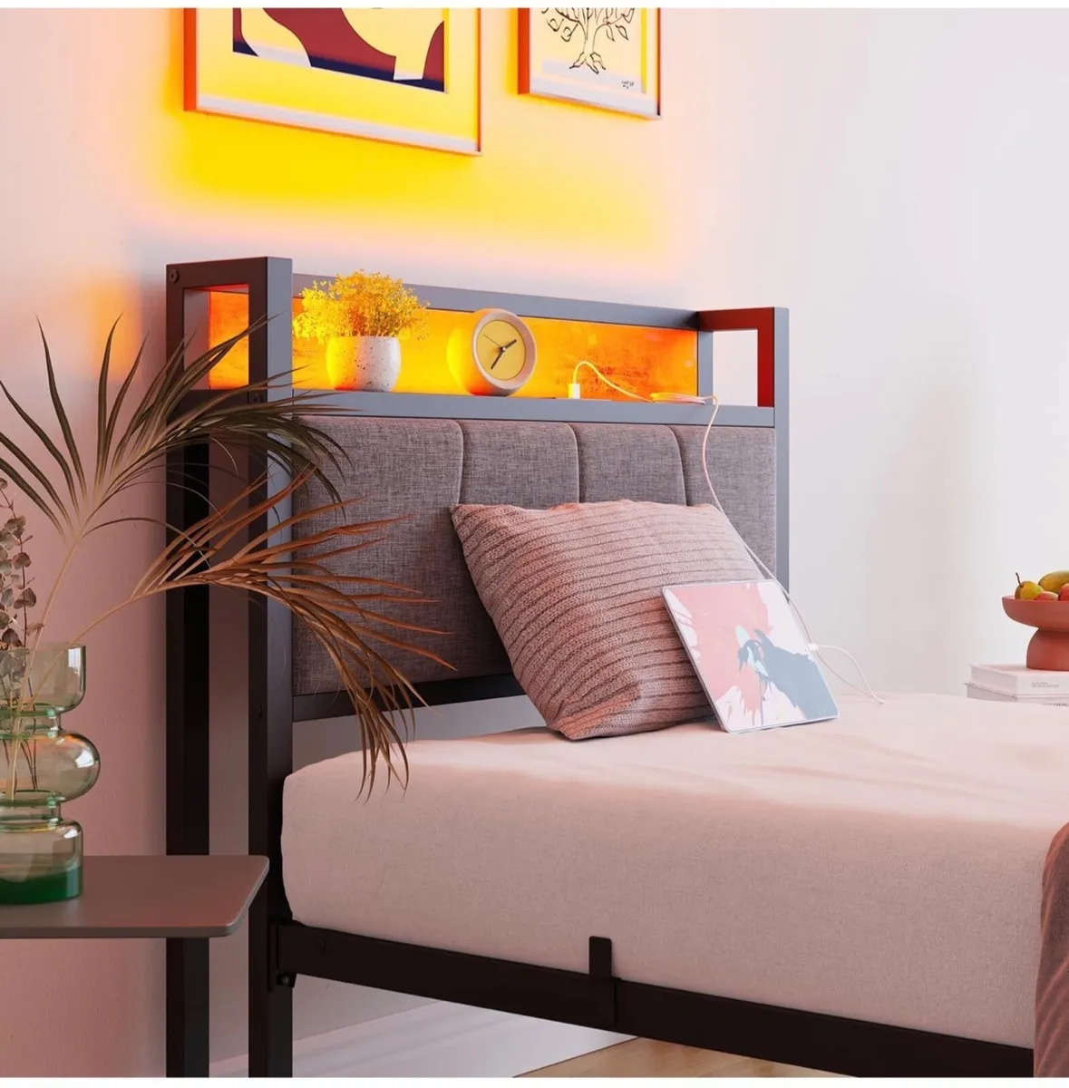 3ft Single Bed Frame with Storage Headboard,LED Li - Image 2