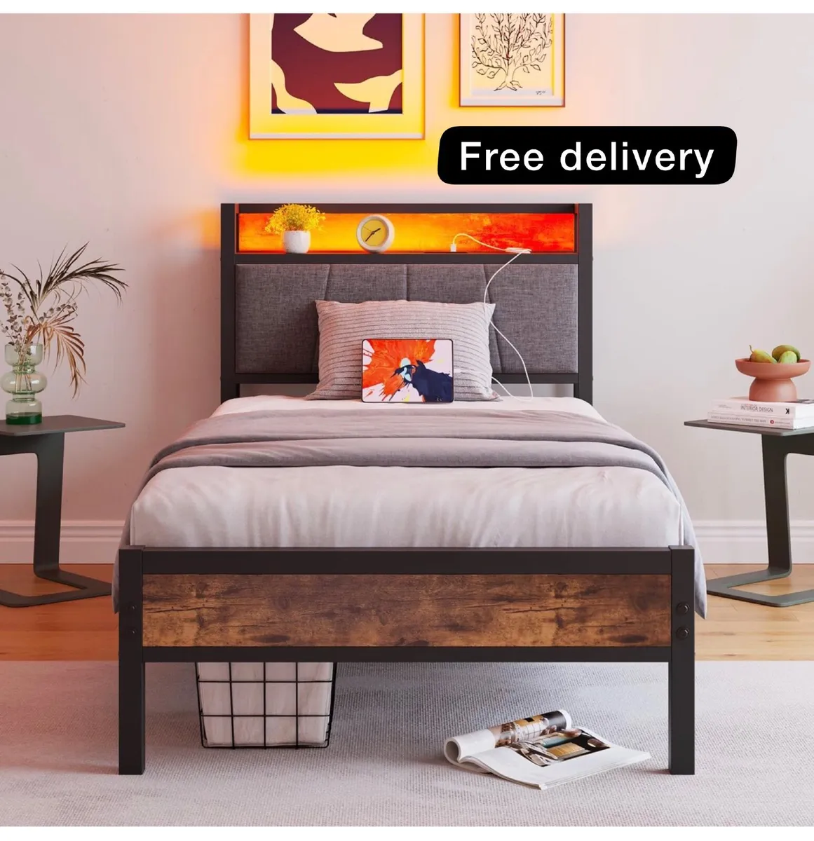 3ft Single Bed Frame with Storage Headboard,LED Li - Image 1