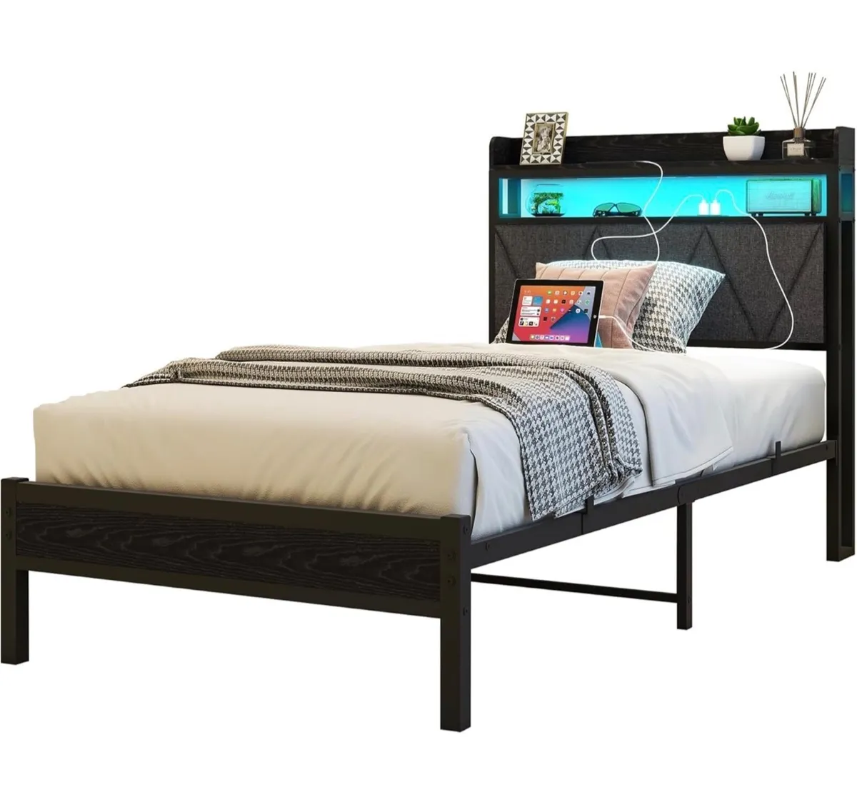 Single Bed Frame with LED Lights Storage Upholster - Image 2