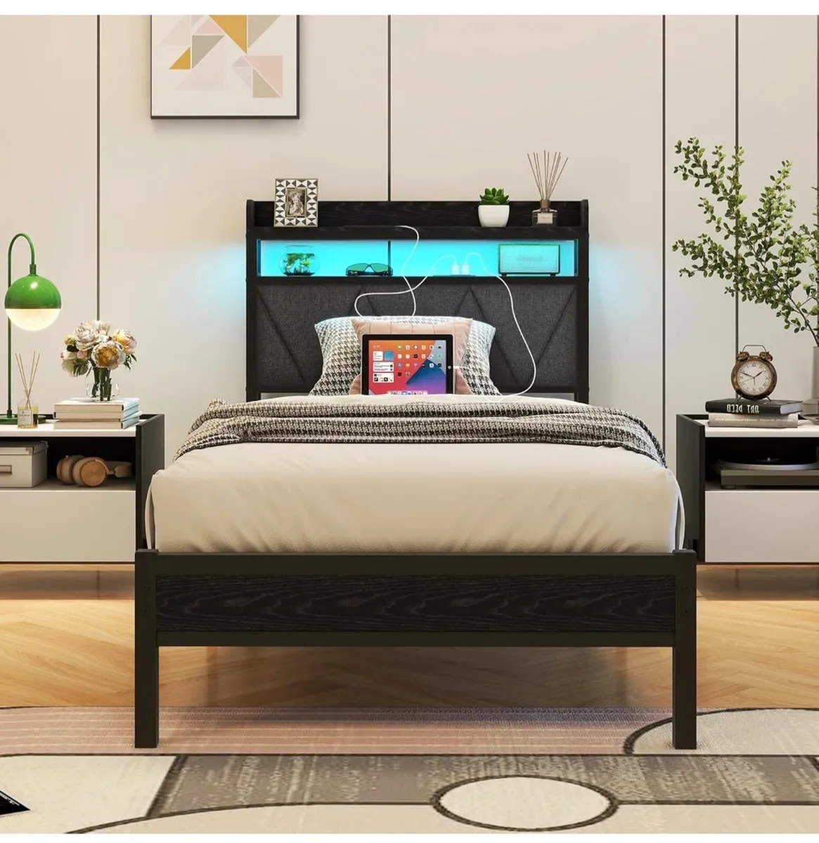 Single Bed Frame with LED Lights Storage Upholster - Image 3