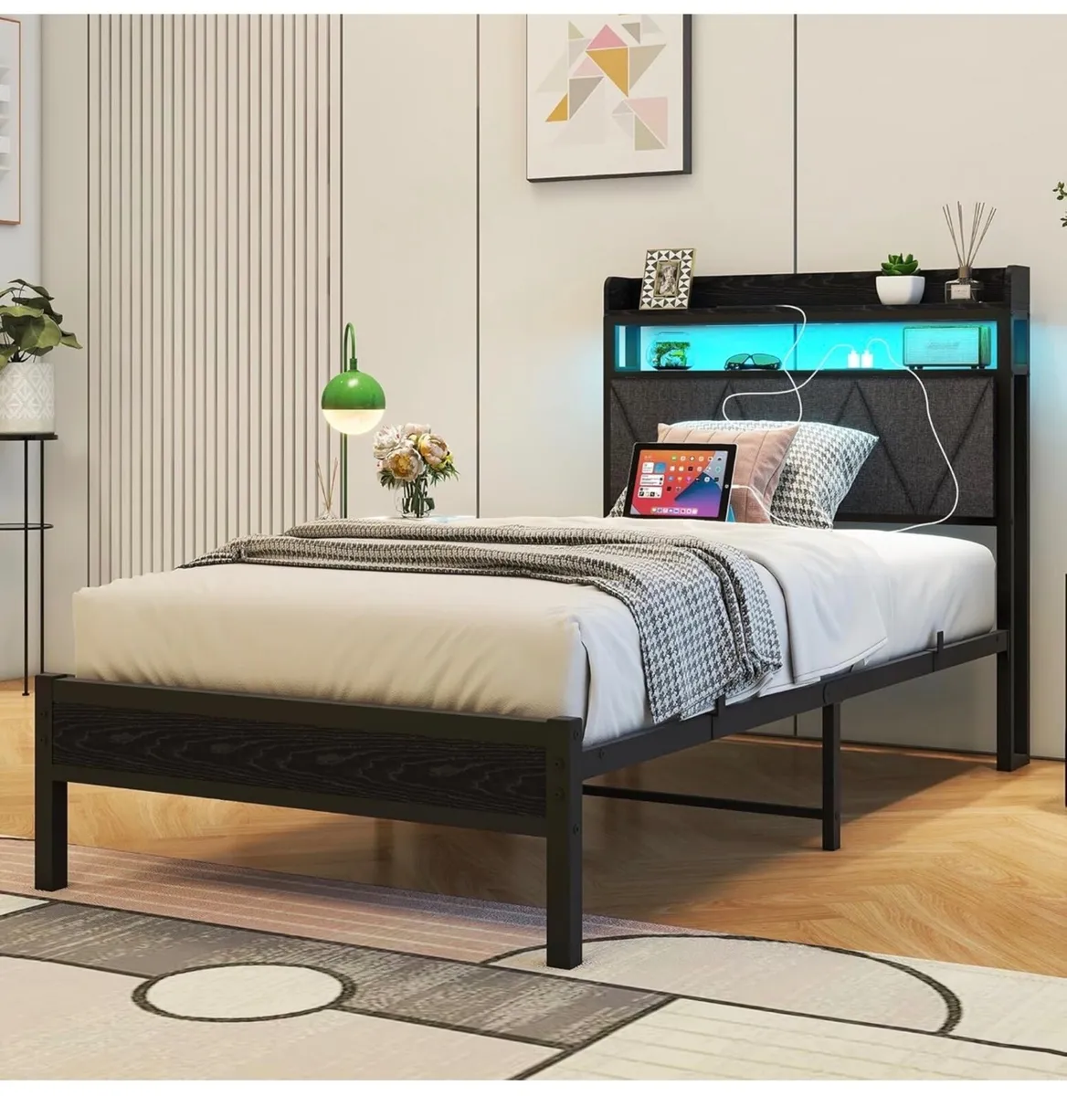 Single Bed Frame with LED Lights Storage Upholster - Image 1