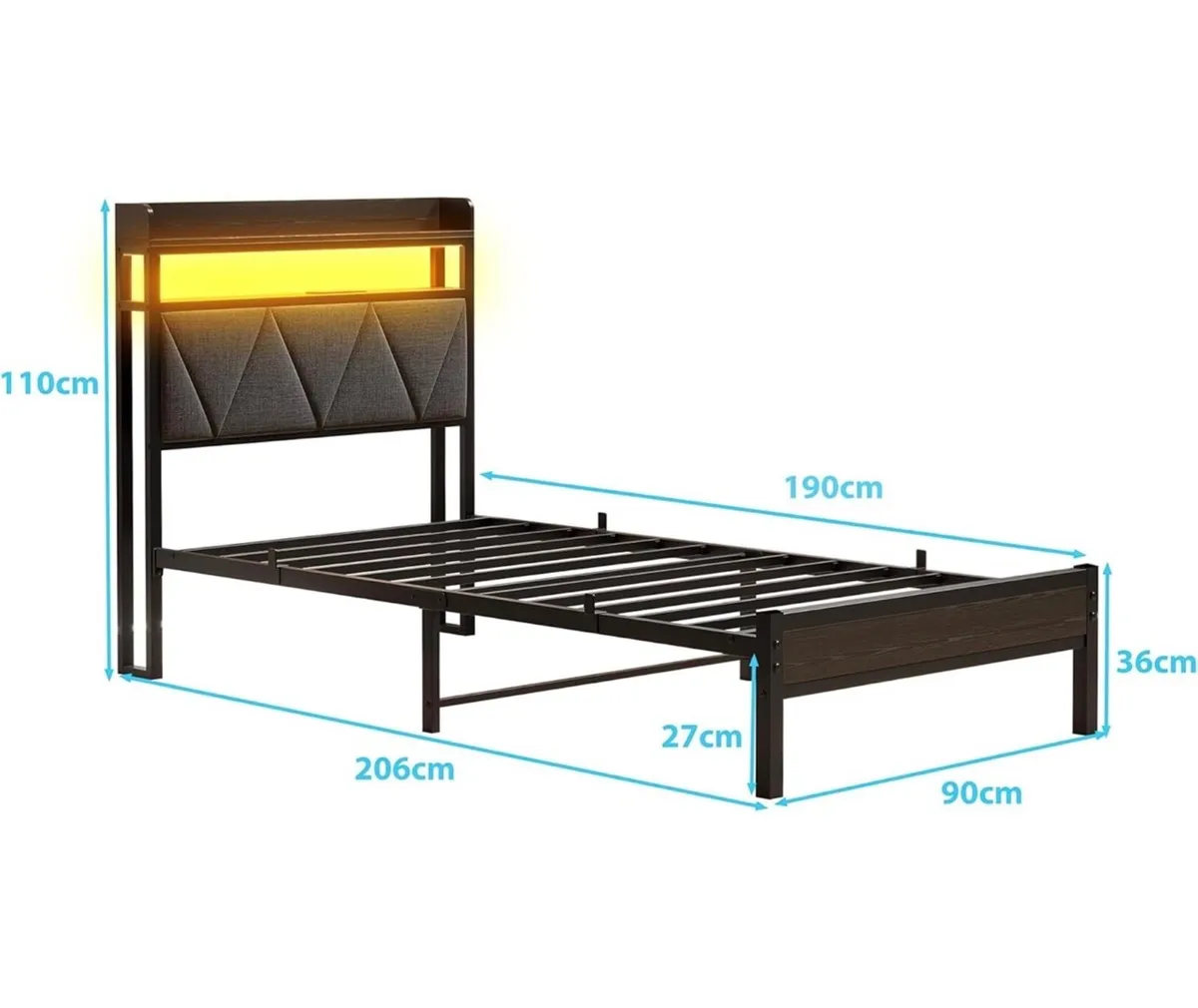 Single Bed Frame with LED Lights Storage Upholster - Image 2