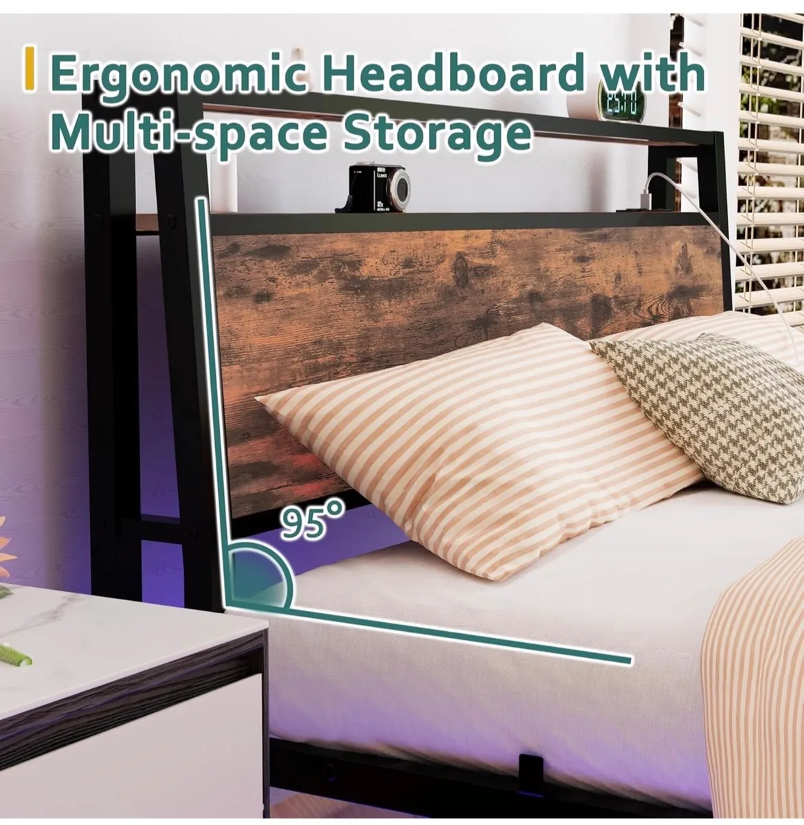 Single Bed Frame with Charging Station and LED Lig - Image 2