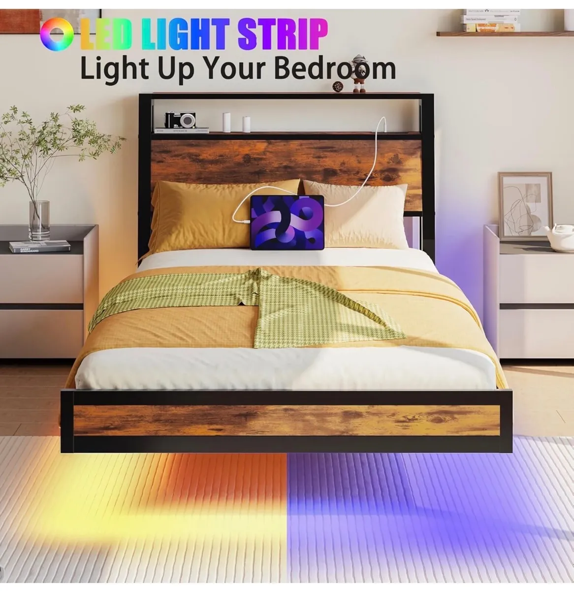 Single Bed Frame with Charging Station and LED Lig - Image 1