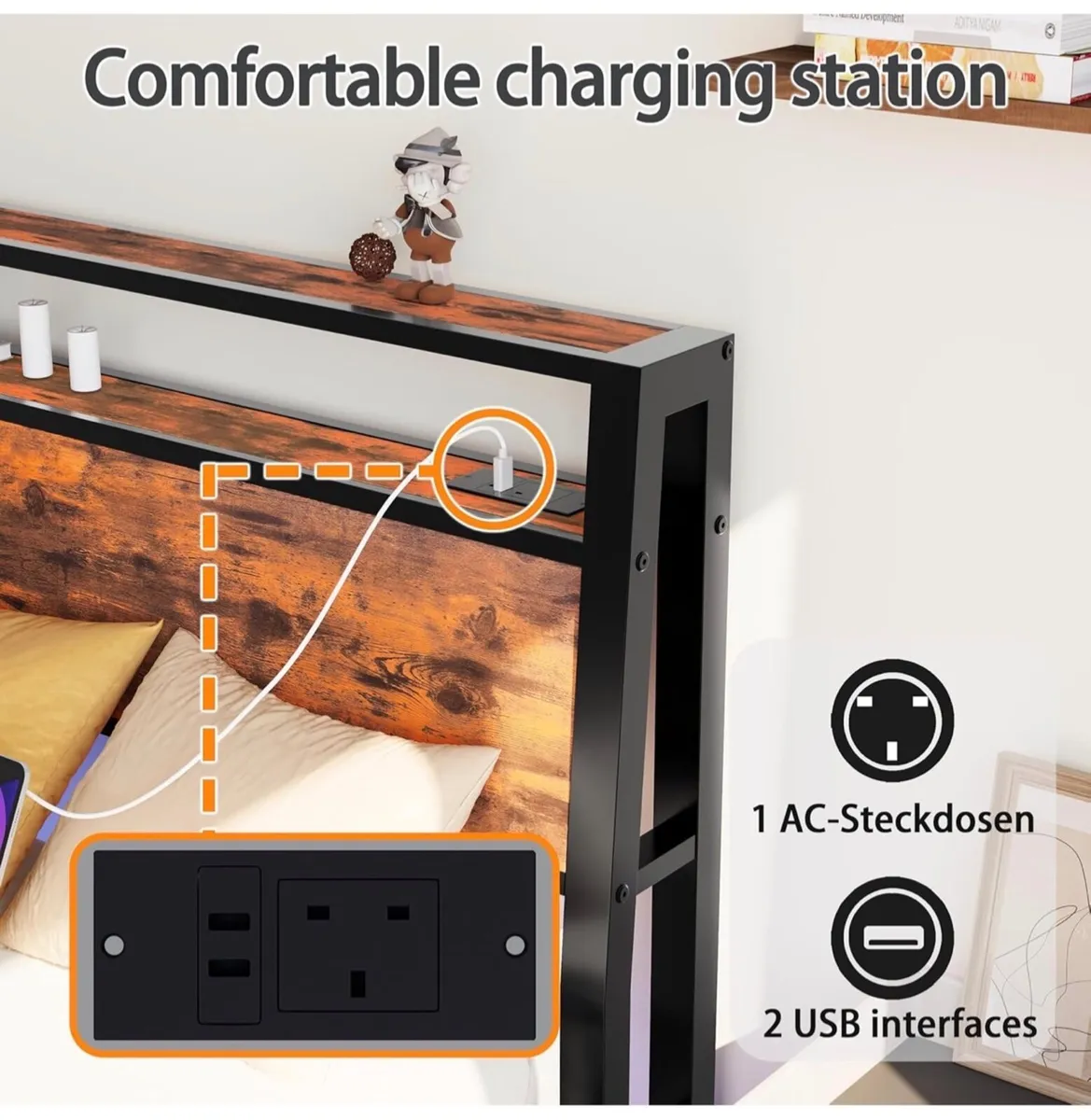 Single Bed Frame with Charging Station and LED Lig - Image 4