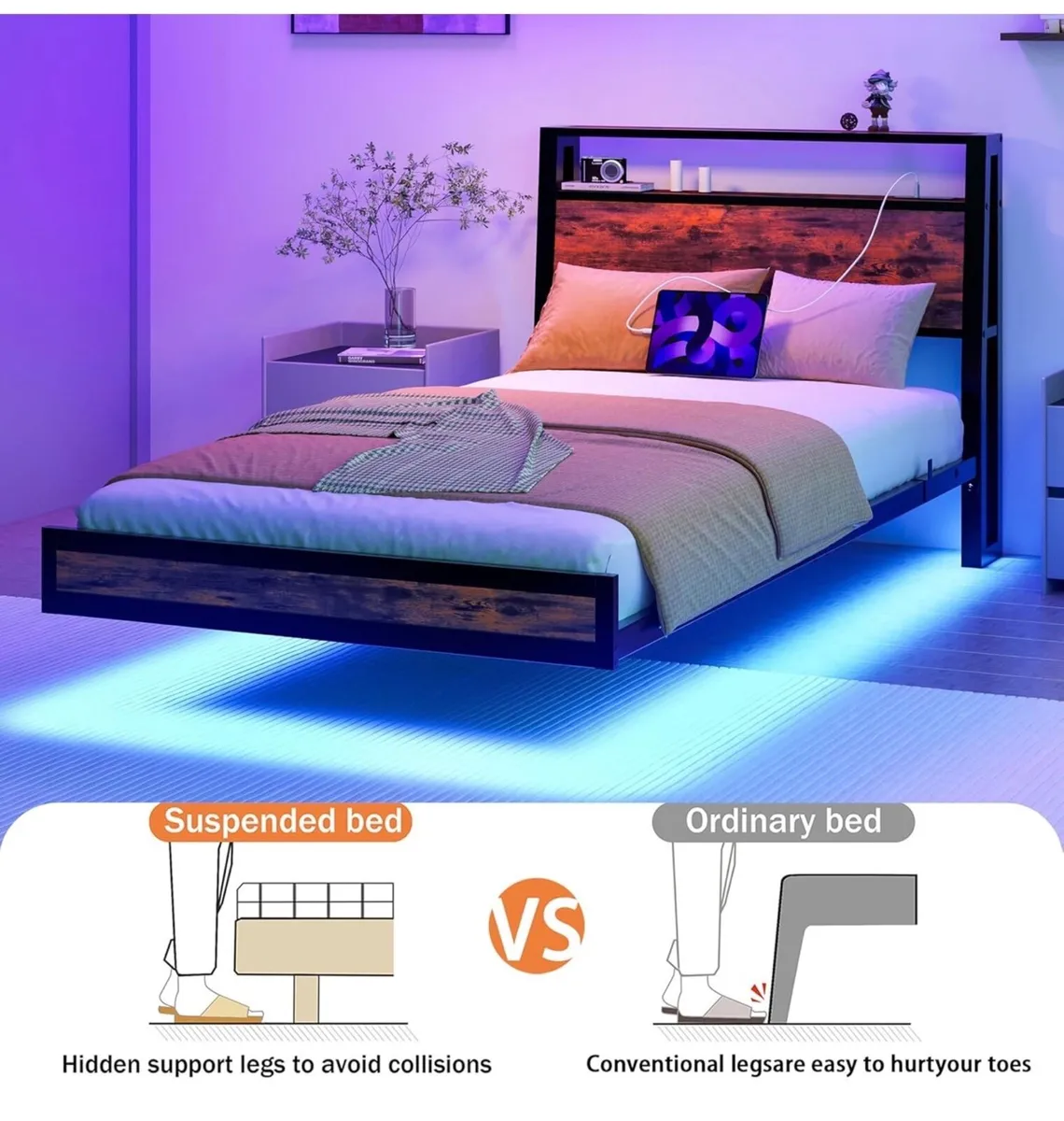 Single Bed Frame with Charging Station and LED Lig - Image 2