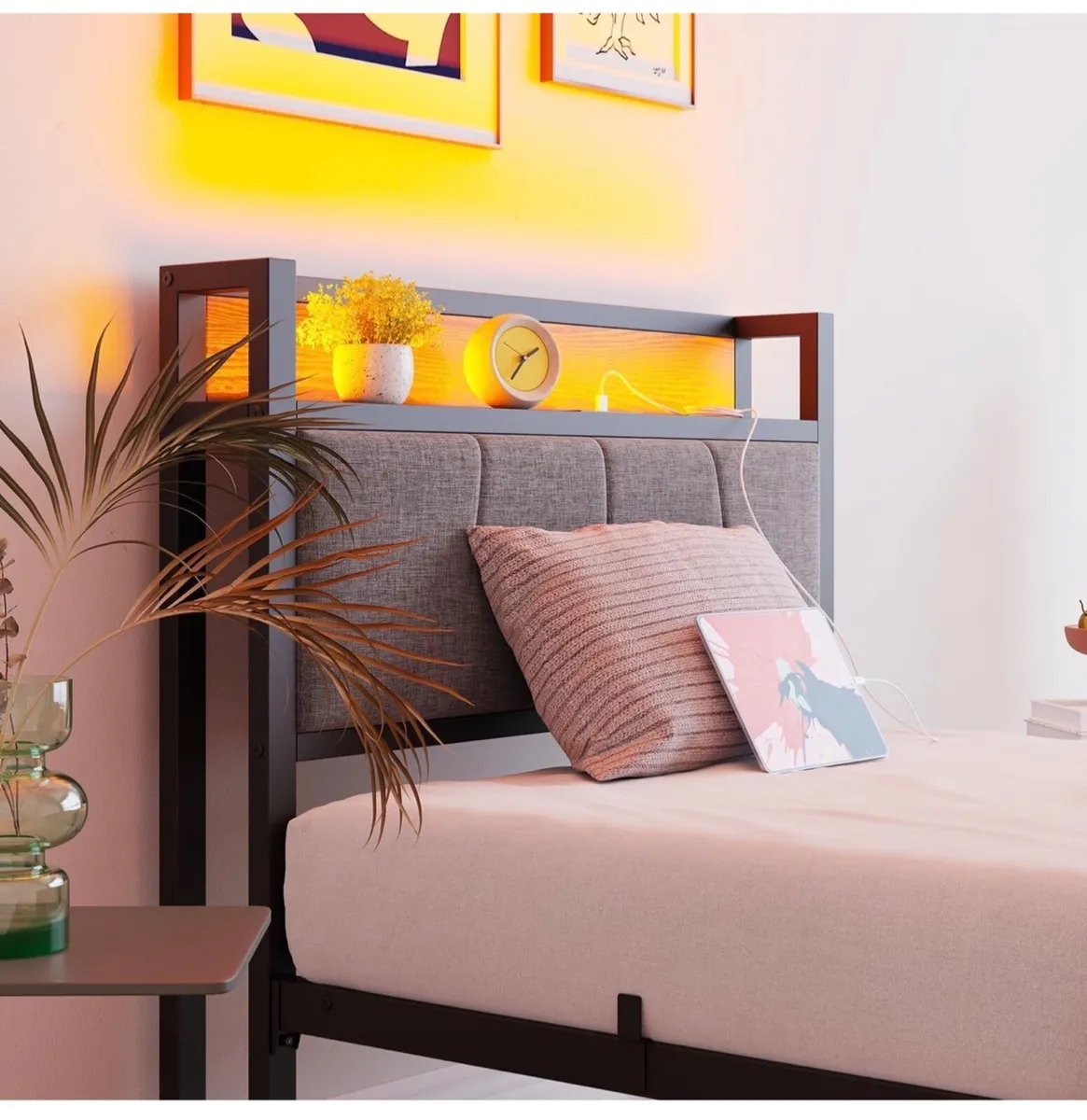 3ft Single Bed Frame with Storage Headboard,LED Li - Image 3