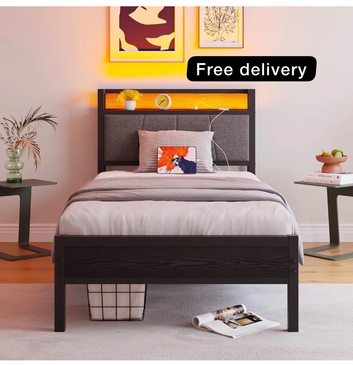 3ft Single Bed Frame with Storage Headboard,LED Li - Image 1