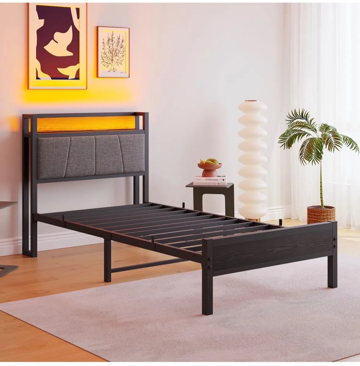 3ft Single Bed Frame with Storage Headboard,LED Li - Image 3