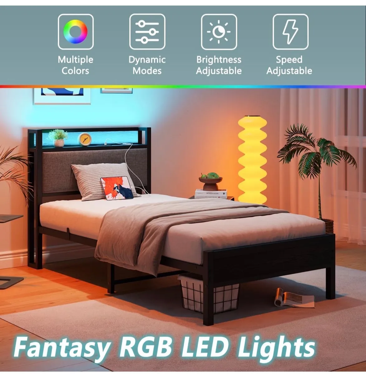 3ft Single Bed Frame with Storage Headboard,LED Li - Image 1