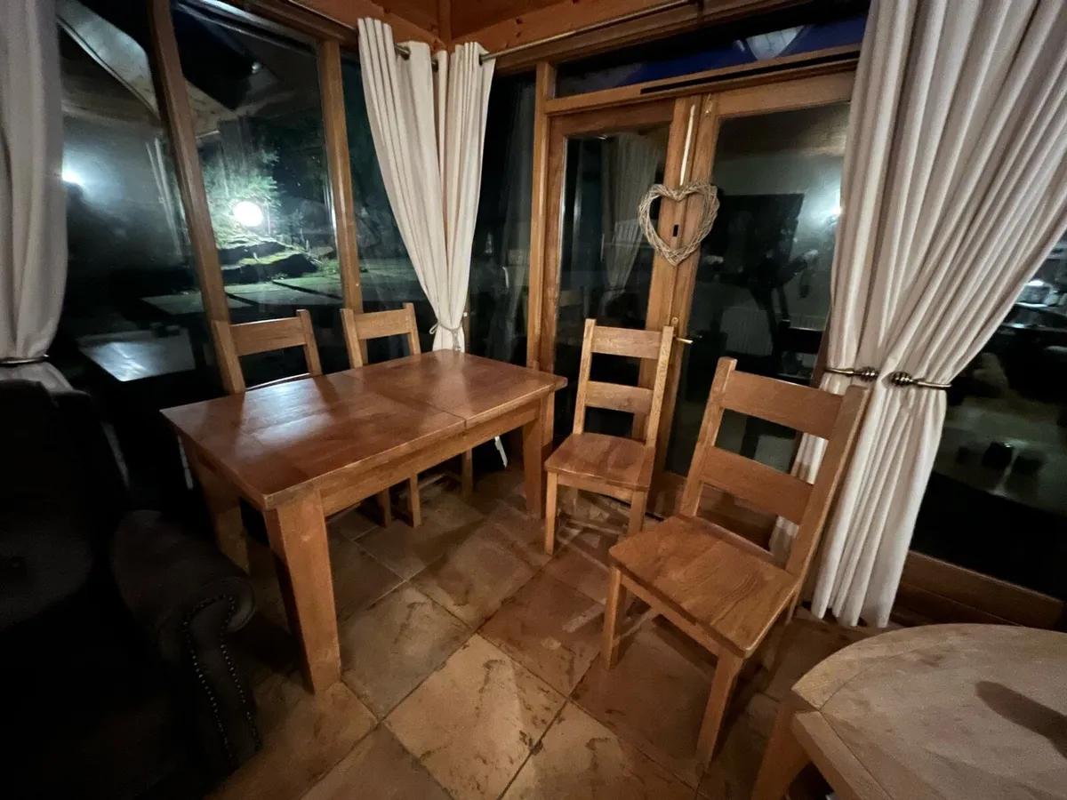 Oak extendable table and four chairs, TV unit - Image 1