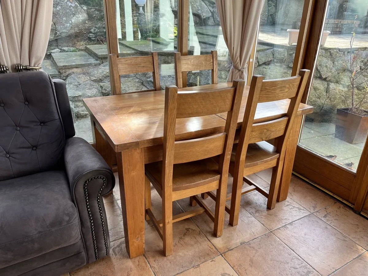 Oak extendable table and four chairs, TV unit - Image 2