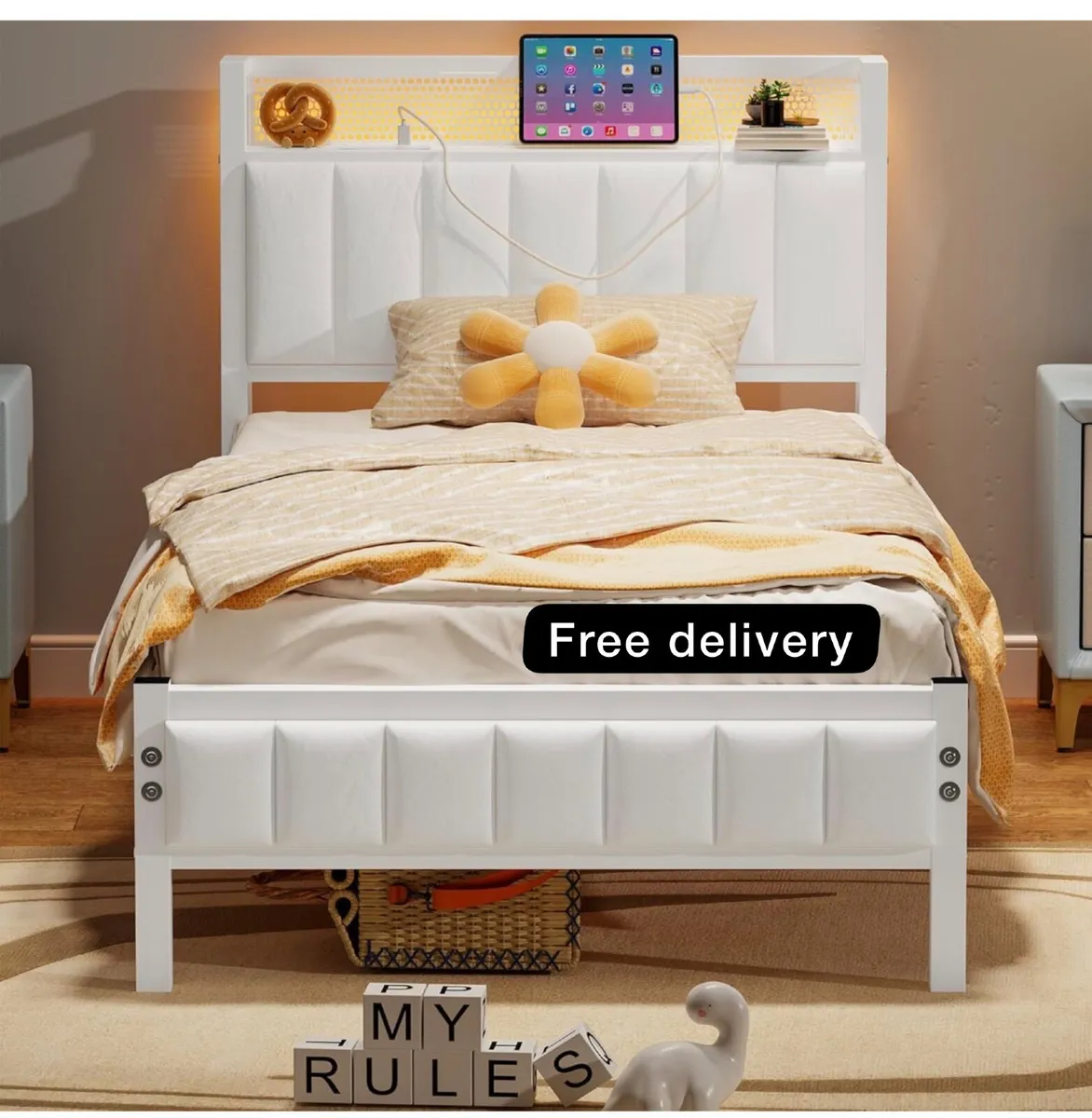 Single Bed Frames with Storage Headboard and Charg - Image 1
